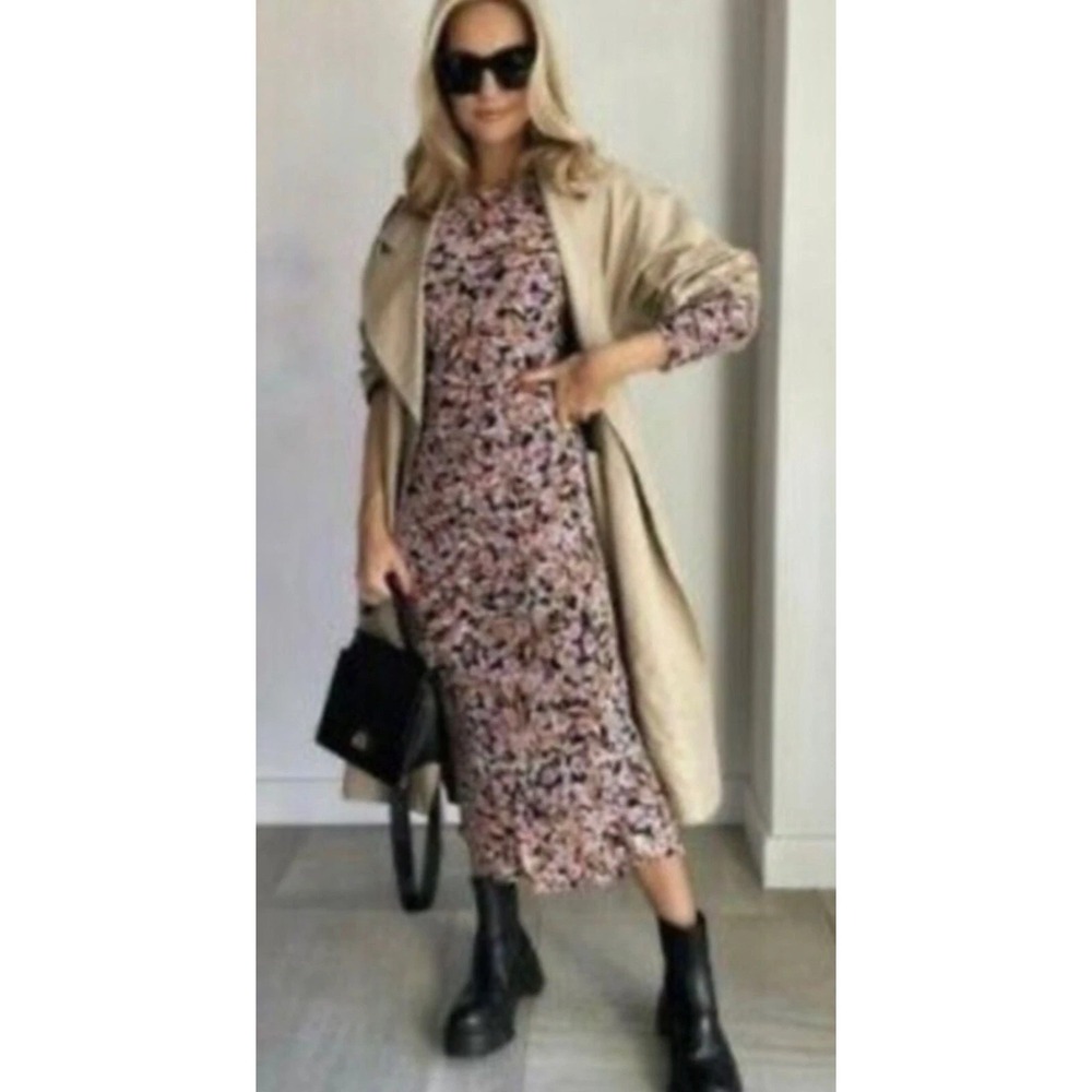 ZARA Floral Ruched Midi Puff Sleeve Dress Blogger Favorite Size Medium Festival